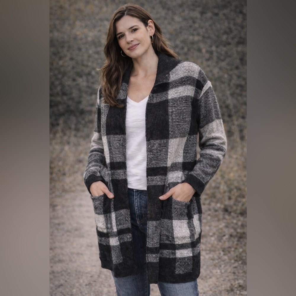 Lovestitch Grid Plaid Print Long Line Knit Cardigan Gray Black Size Small